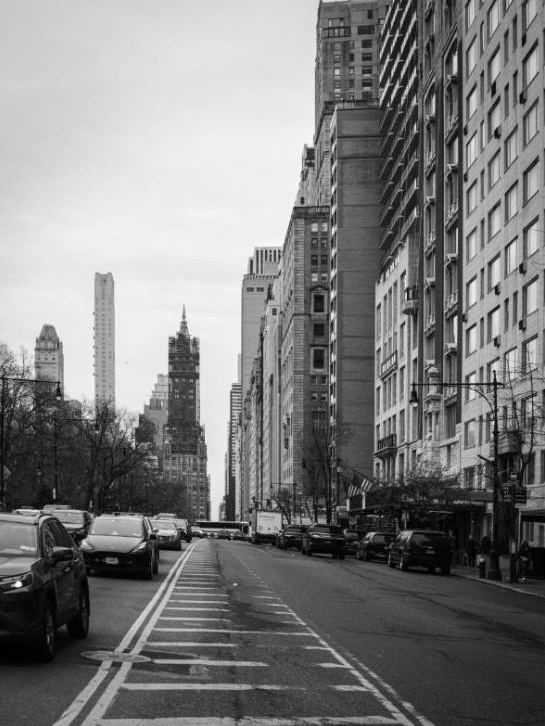 Long view down a Manhattan avenue lined with buildings, black and white